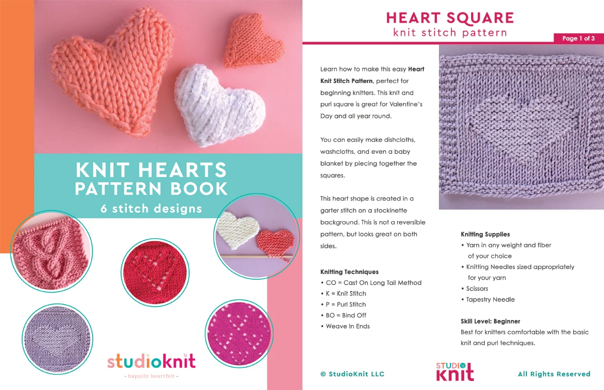 Knit Hearts Pattern Book with Heart Square Knitting Pattern pages.