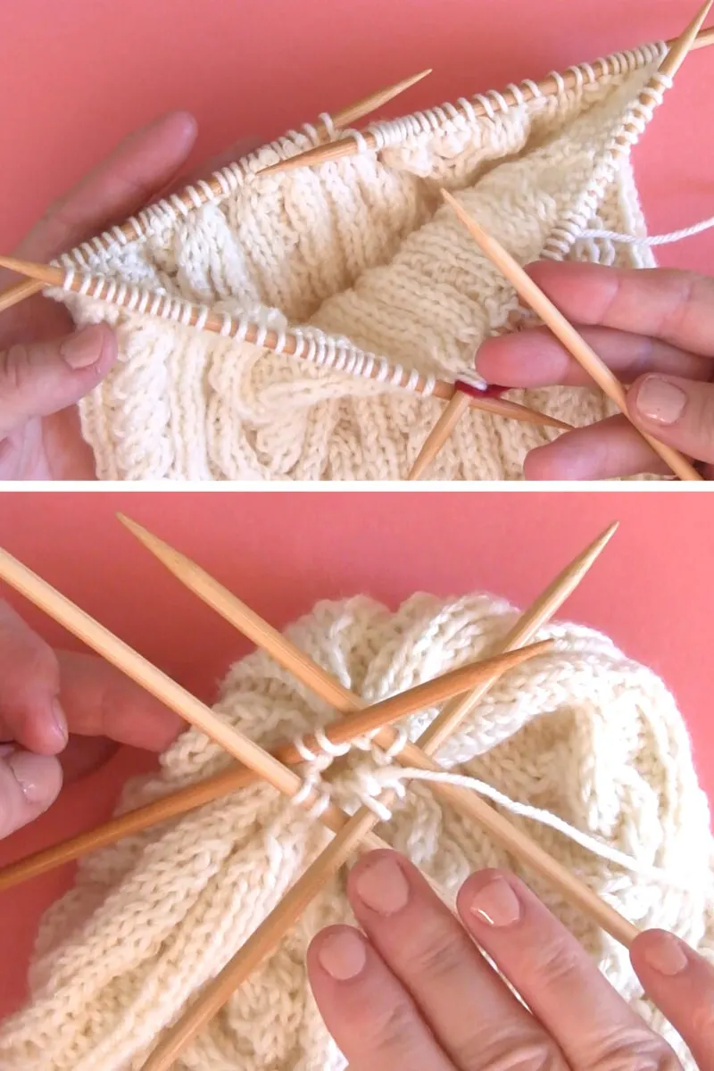 Decreasing knitted hat crown with double pointed needles.