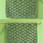Right and Wrong sides of the Double Moss Stitch texture on knitting needle in green color yarn by Studio Knit.