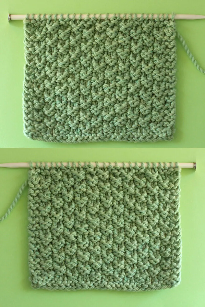 Right and Wrong sides of the Double Moss Stitch texture on knitting needle in green color yarn.