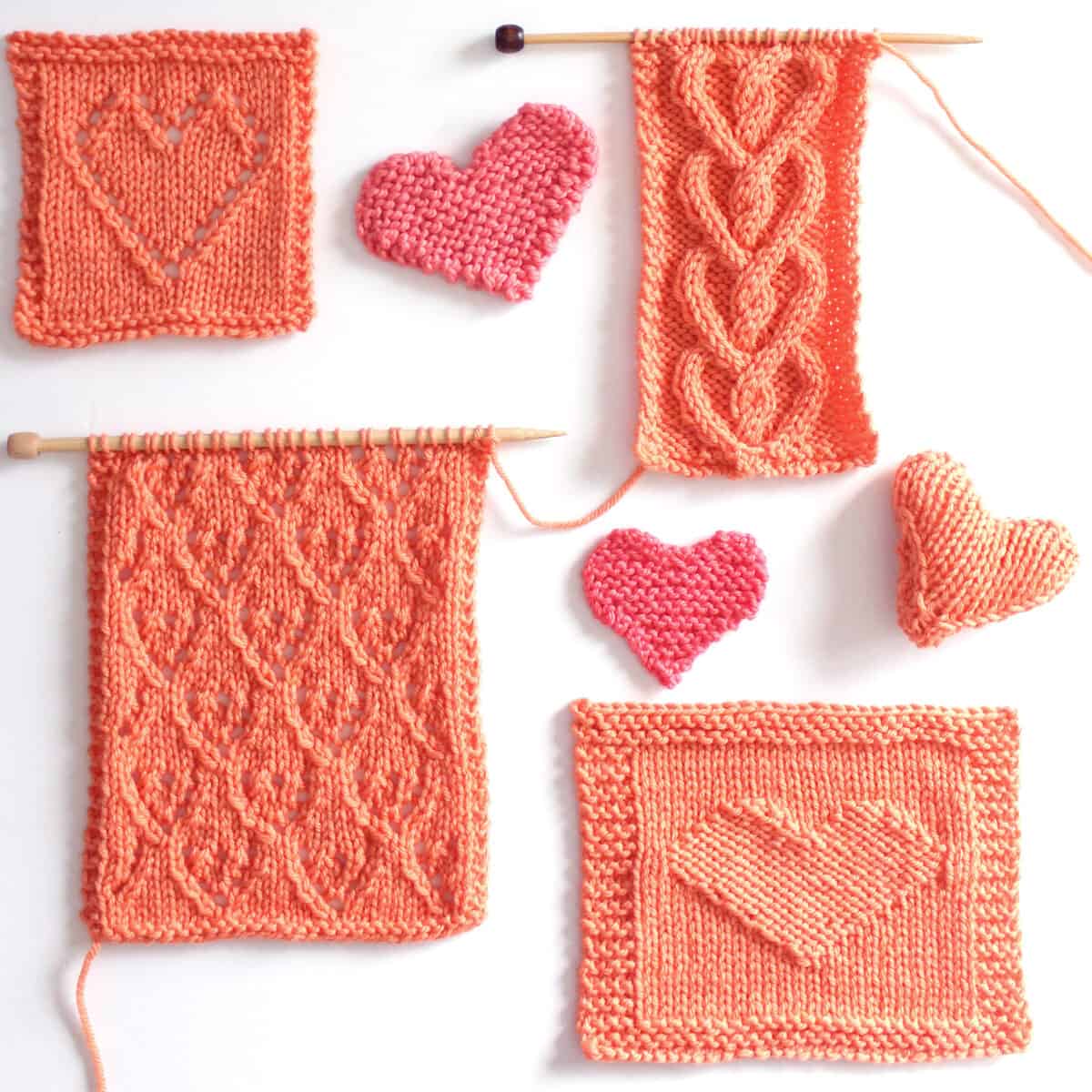 Knitted heart collection by Studio Knit in orange color yarn.