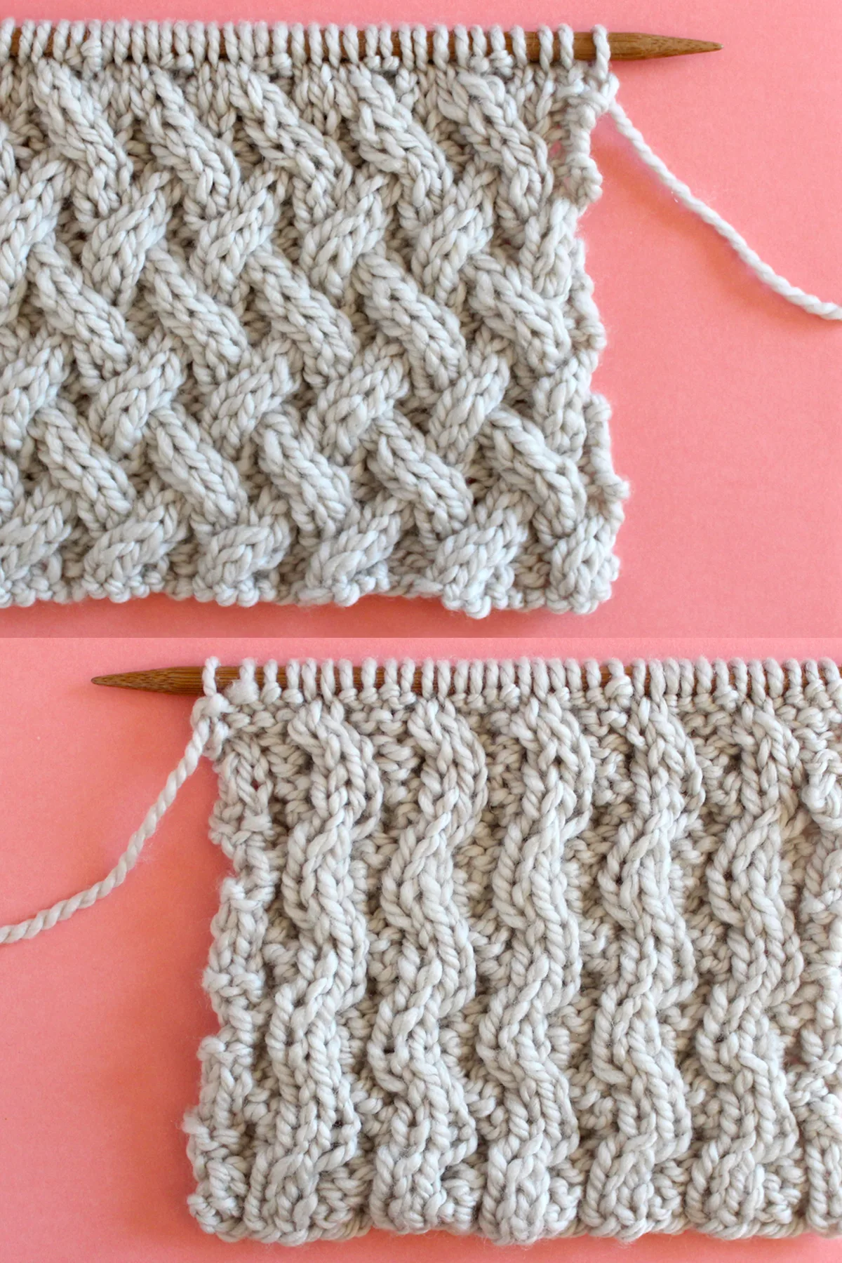 Right and wrong sides of the Lattice Cable Knit Stitch pattern on needles.