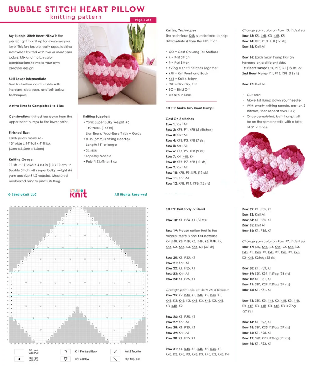 Printable knitting pattern of the Bubble Stitch Heart Pillow.