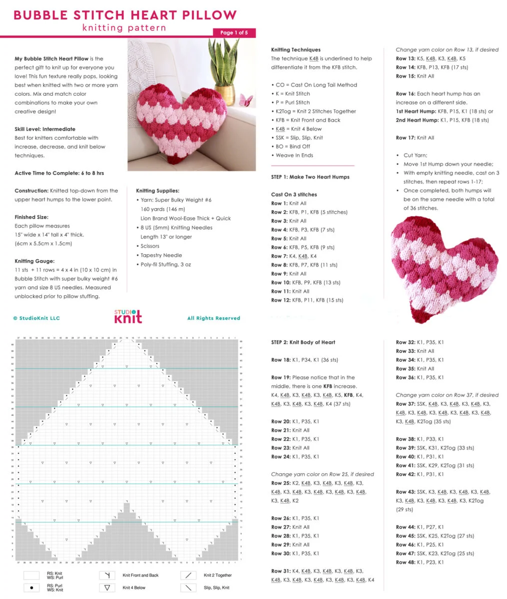 Bubble Stitch Heart Pillow Knitting Pattern Studio Knit