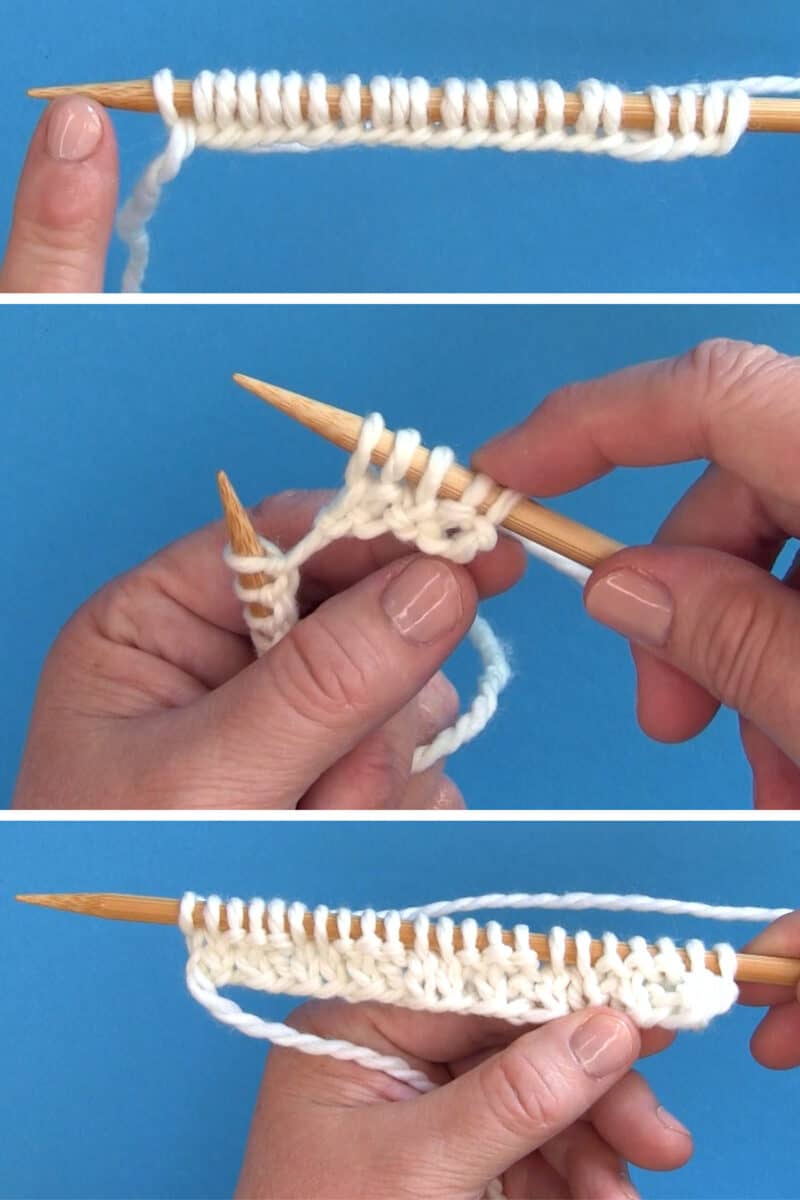 Knitting steps for the Beaded Rib Stitch with hands, yarn, and needles.