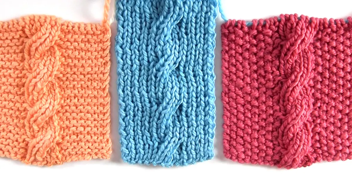 Reversible Cable Backgrounds with Garter, 1x1 Rib, and Seed Stitch knitting patterns.