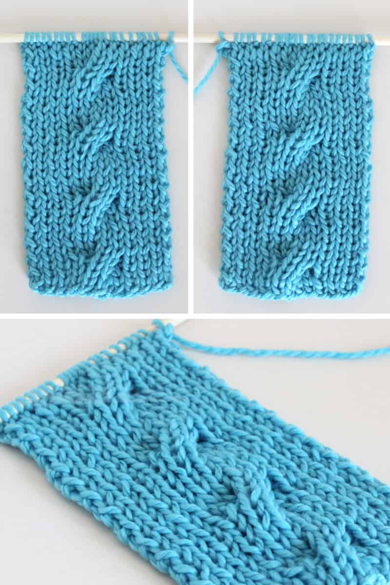 Reversible 4/4R Cable Stitch on 1x1 Rib Stitch Background with right and wrong sides in blue color yarn.