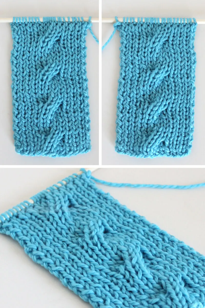 Reversible 4/4R Cable Stitch on 1x1 Rib Stitch Background with right and wrong sides in blue color yarn.