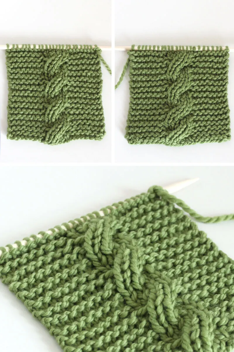 Reversible 4/4R Cable Stitch on Garter Stitch Background with right and wrong sides in green color yarn.