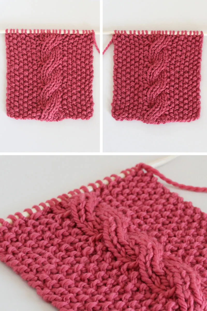 Reversible 4/4R Cable Stitch on Seed Stitch Background with right and wrong sides in pink color yarn.