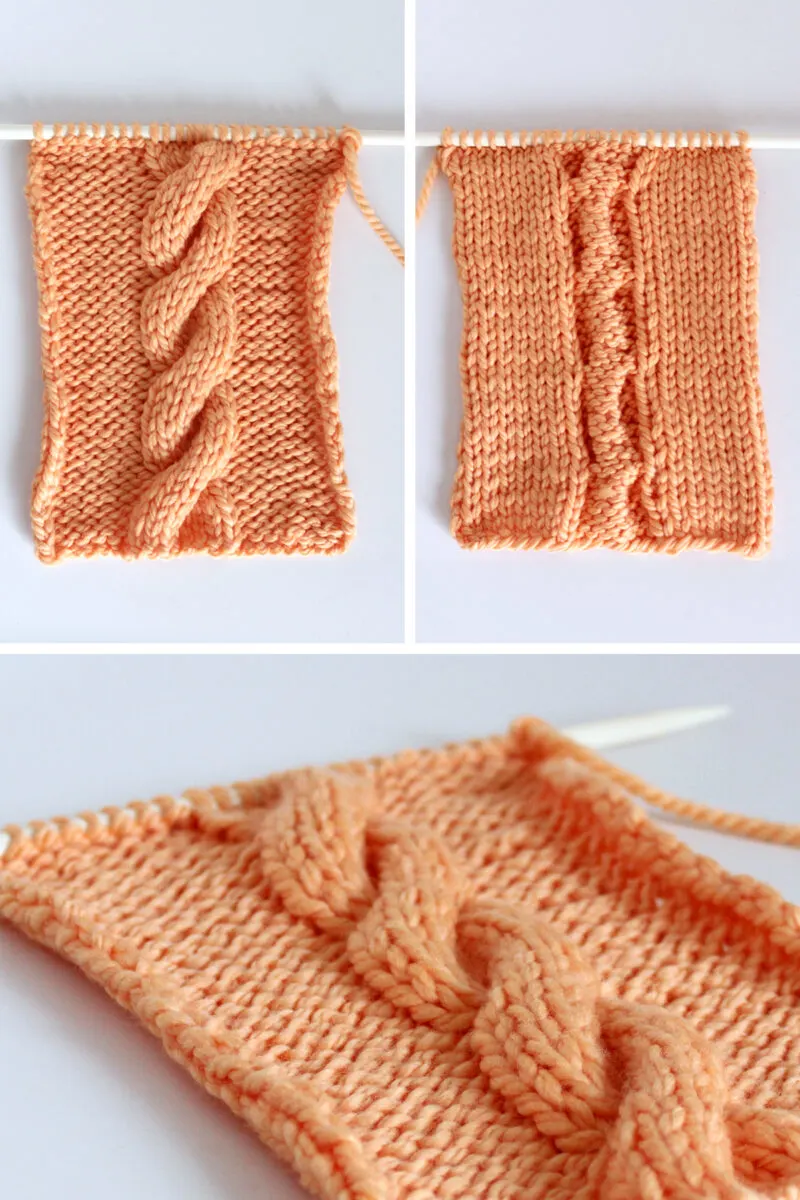 One-sided 4/4R Cable Stitch Rope on Reverse Stockinette Background with right and wrong sides.