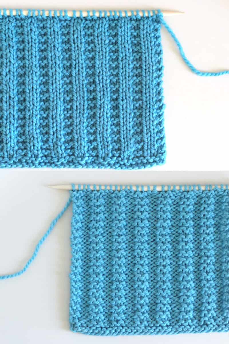 Right and Wrong sides of Garter Ribbing knit stitch texture in blue color yarn.