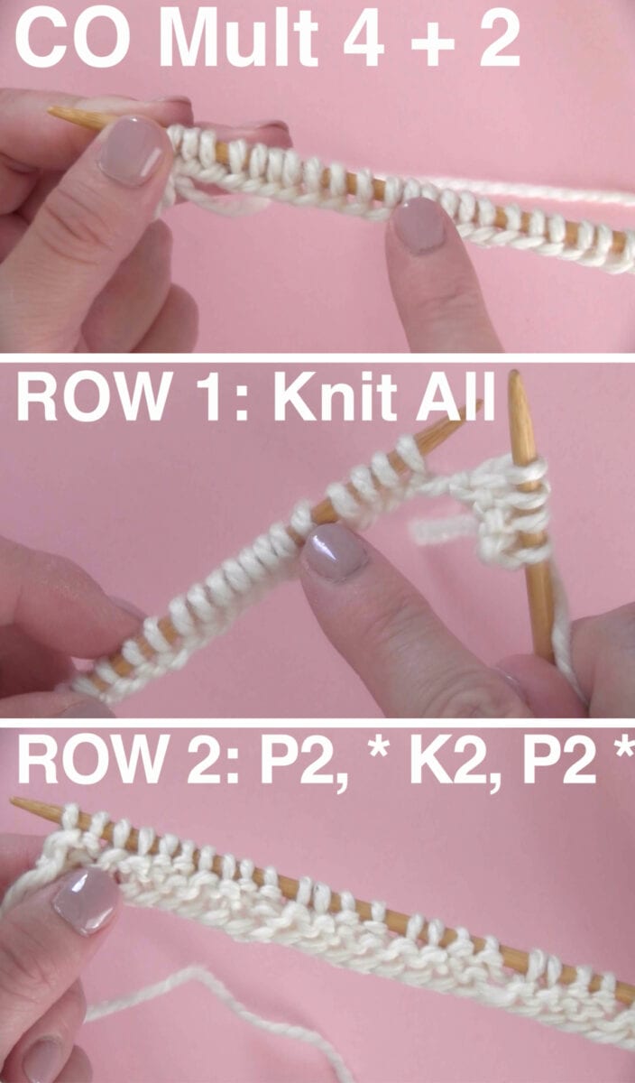 Knitting steps to cast on and knit the Garter Ribbing Stitch pattern.