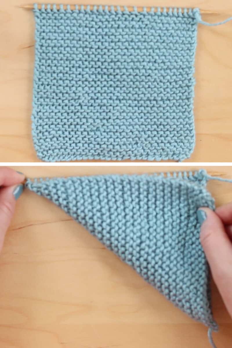 A knitted square in the garter stitch pattern with yarn.