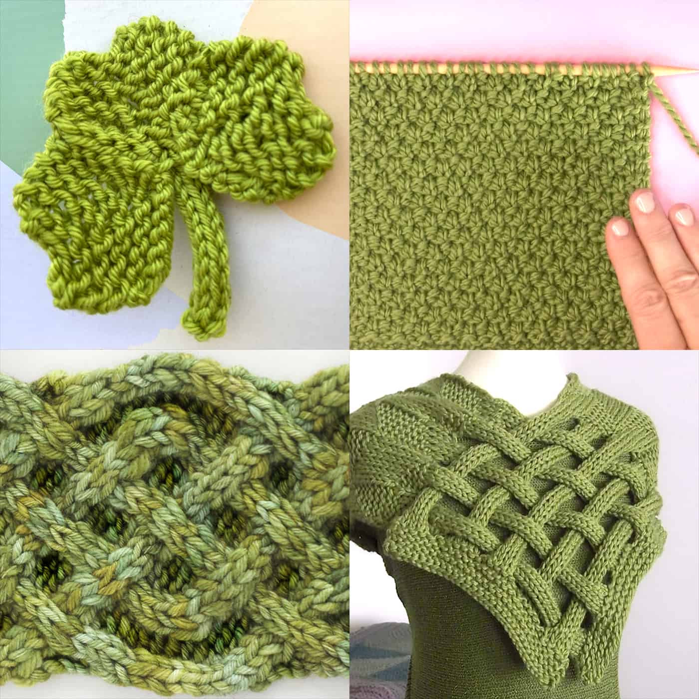 Collection of four Irish-inspired knitting patterns in green yarn colors with shamrock, irish moss, celtic cable, and scarf designs.