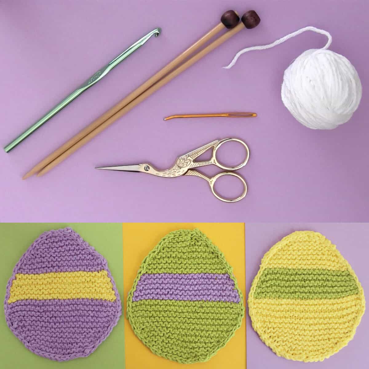 Knitting supplies of yarn, knitting needles, scissors, and a tapestry needle to make egg dishcloth shapes.
