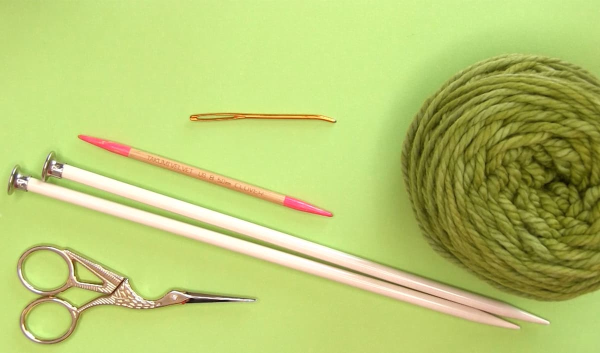 Knitting materials of yarn, straight needles, scissors, cable needle, and tapestry needle for scarf.
