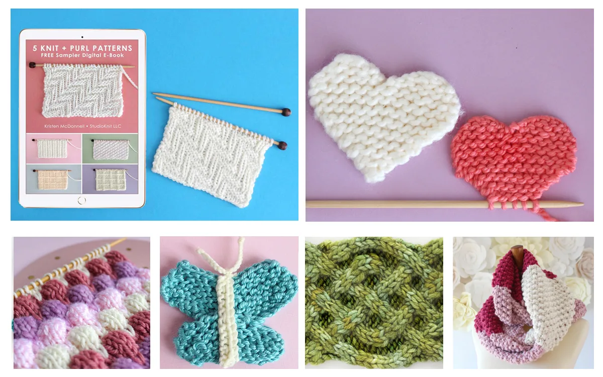 Collage of Studio Knit projects with knitting book, hearts, bubble stitch, butterfly, celtic cable, and seed stitch scarf.