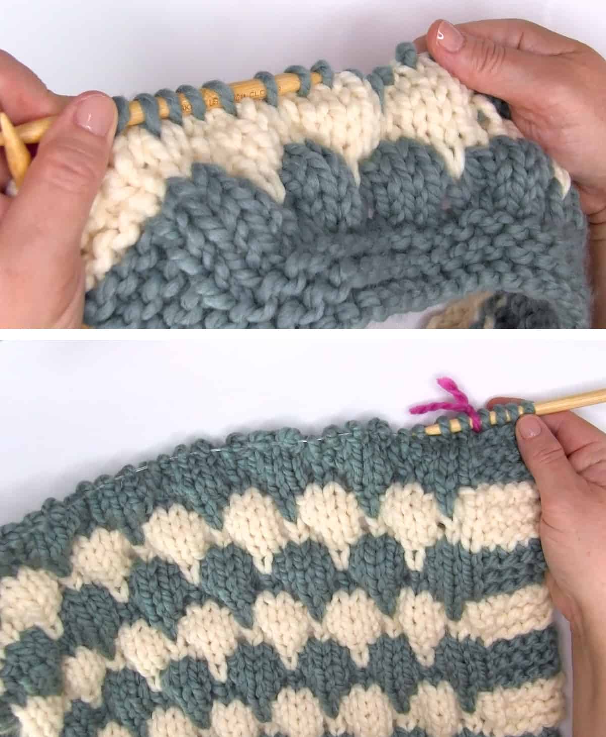 Knitting process of the bubble stitch in blue and cream color on a circular needle.