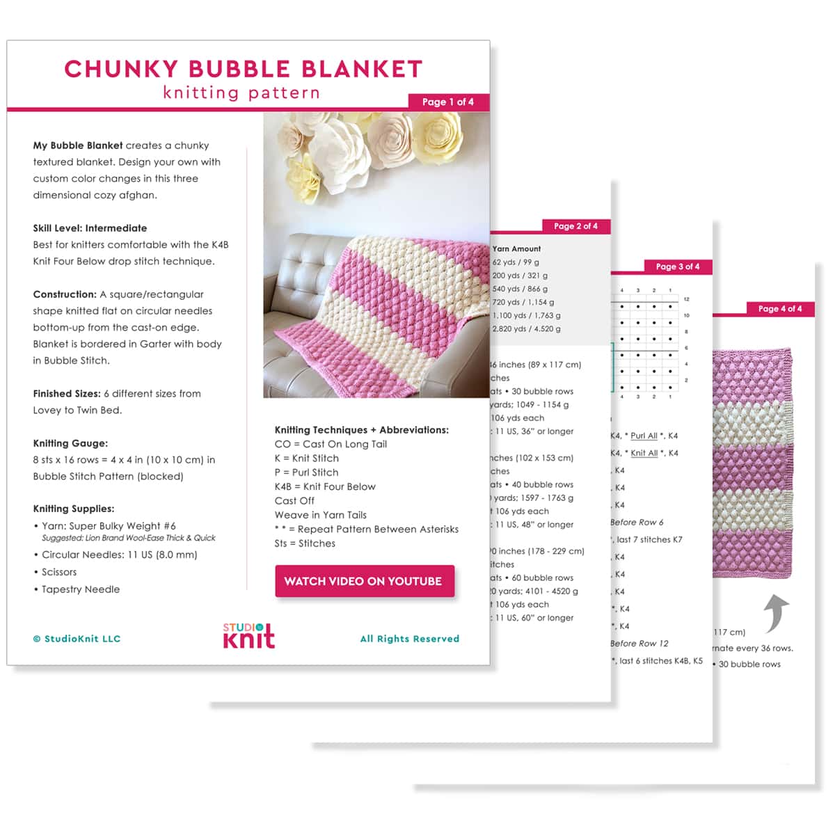 Printable knitting pattern of the Chunky Bubble Blanket by Studio Knit.