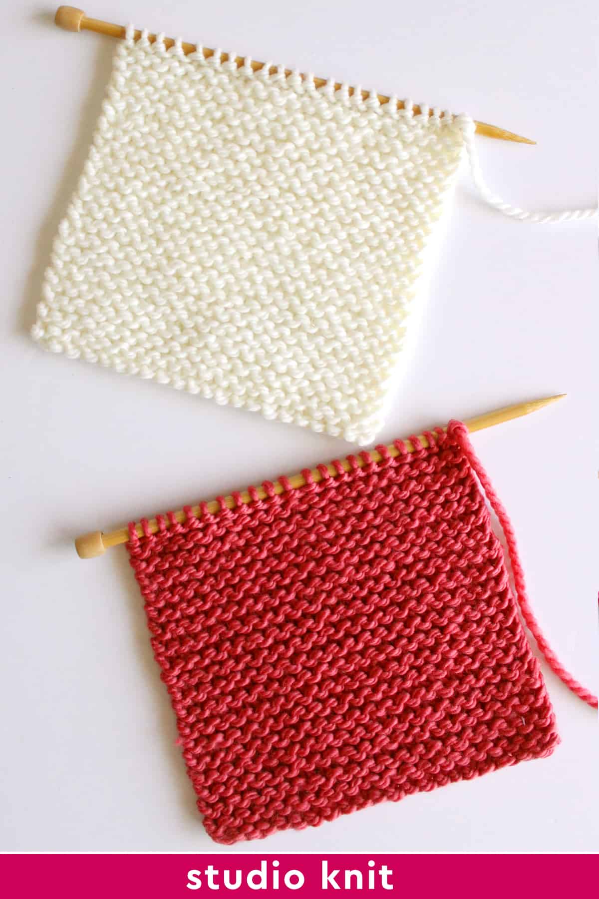 Two garter stitch knitting swatches in white and pink color yarn.