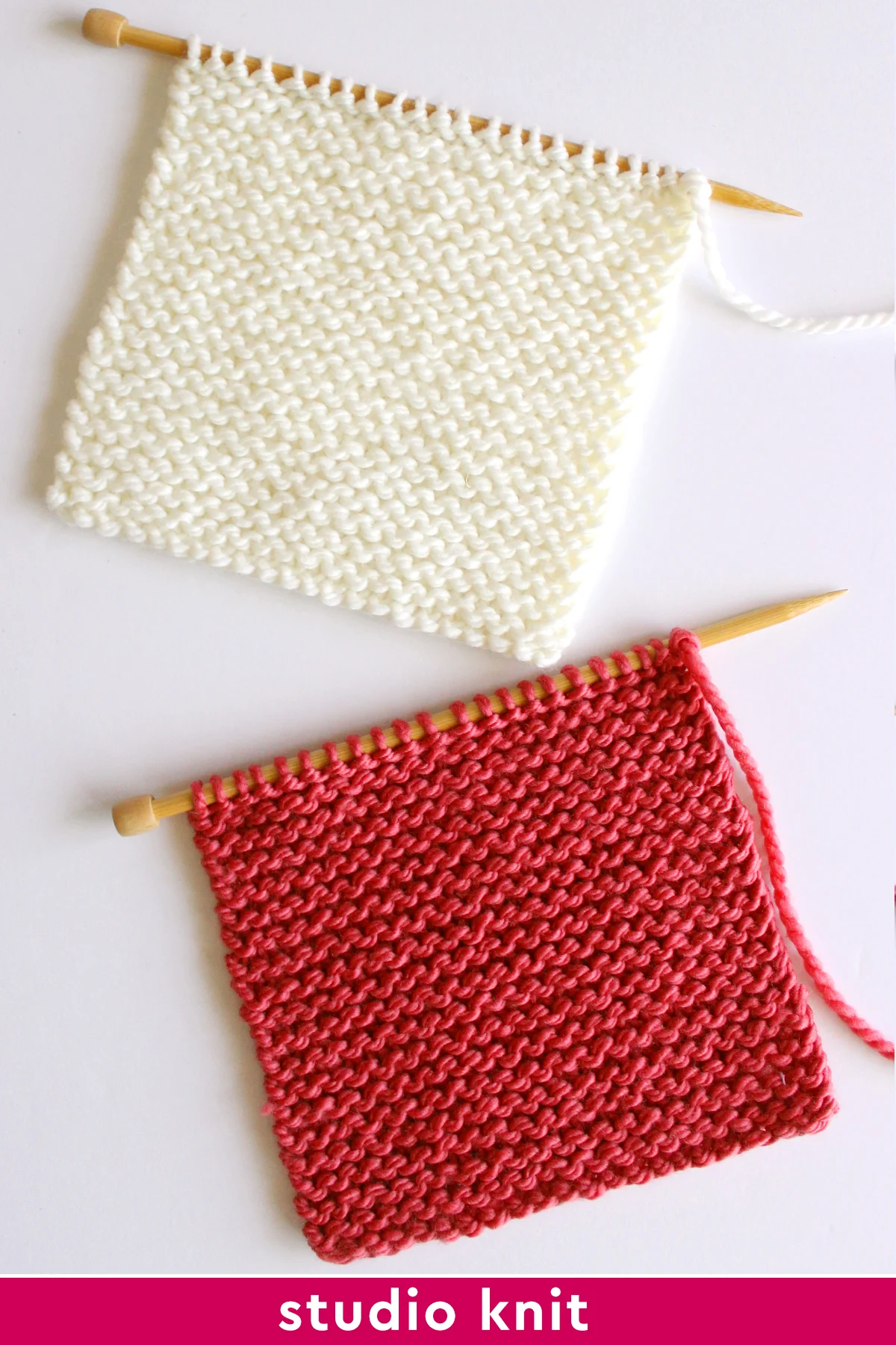 Two garter stitch knitting swatches in white and pink color yarn.