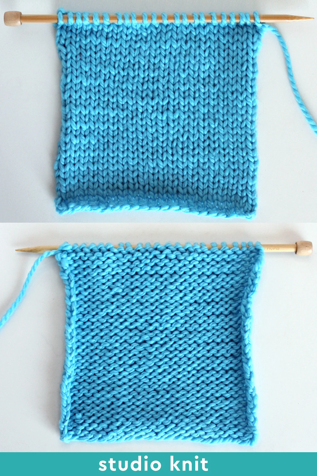 Right and Wrong sides of the Stockinette Stitch texture on knitting needle in blue color yarn.