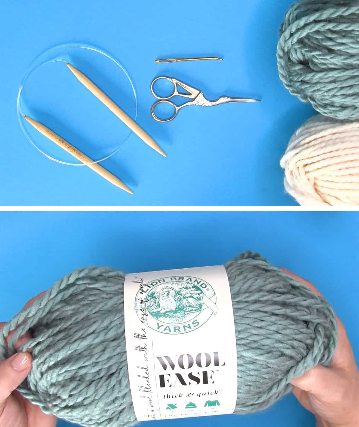 Knitting supplies of circular knitting needles, scissors, a tapestry needle, and Lion Brand Wool Ease yarn.