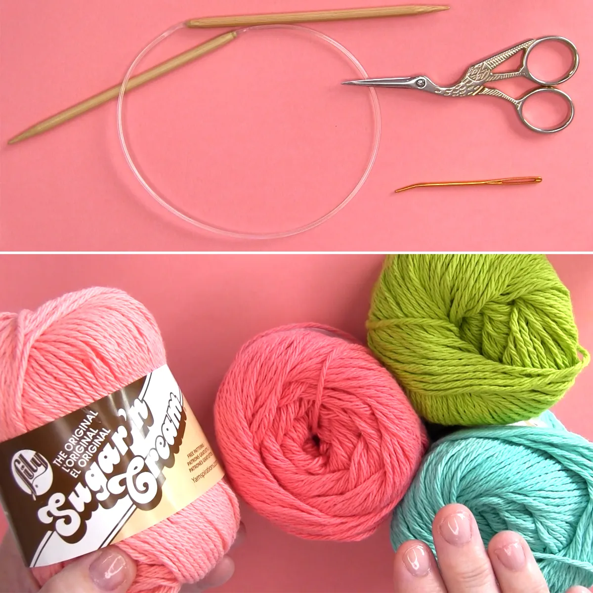 Knitting supplies of circular needle, tapestry needle, scissors, and cotton yarn by Sugar 'n Cream.