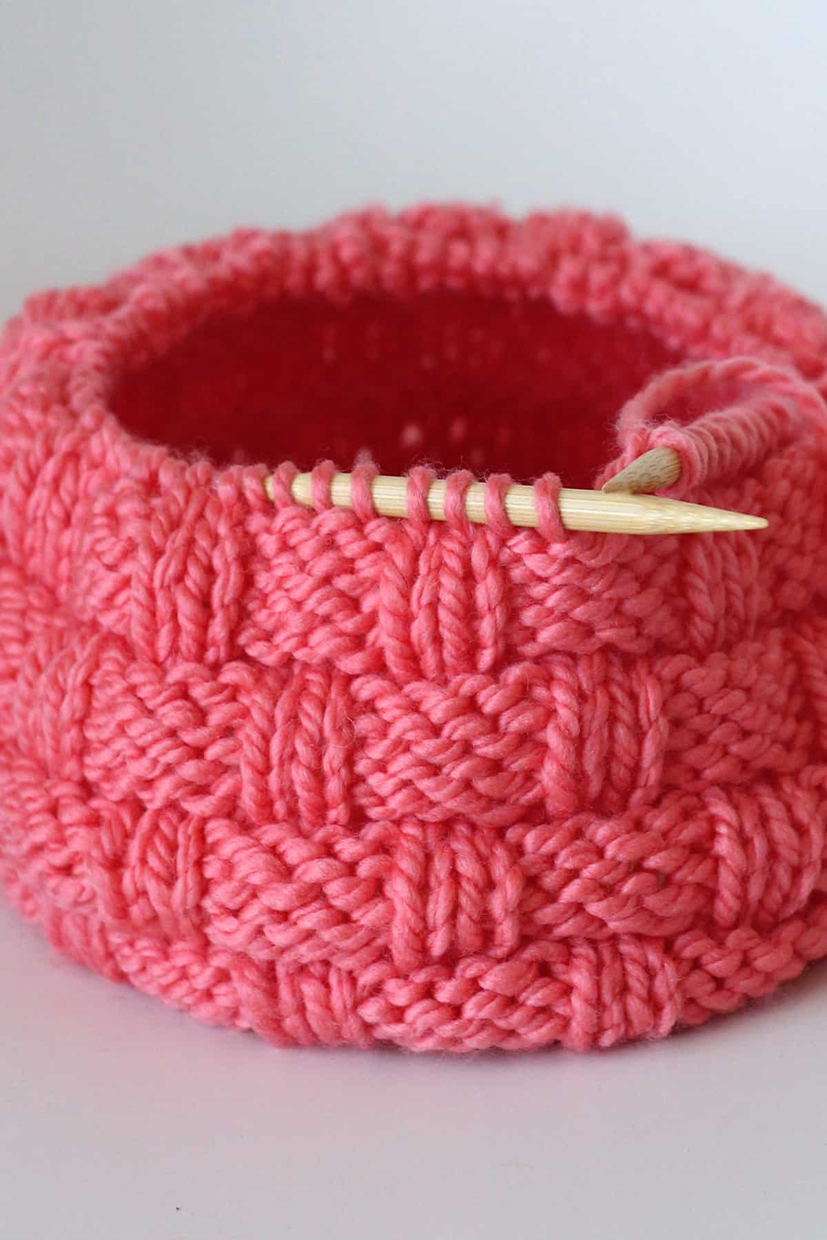 Basket Weave Stitch knitted in the round on circular needles.