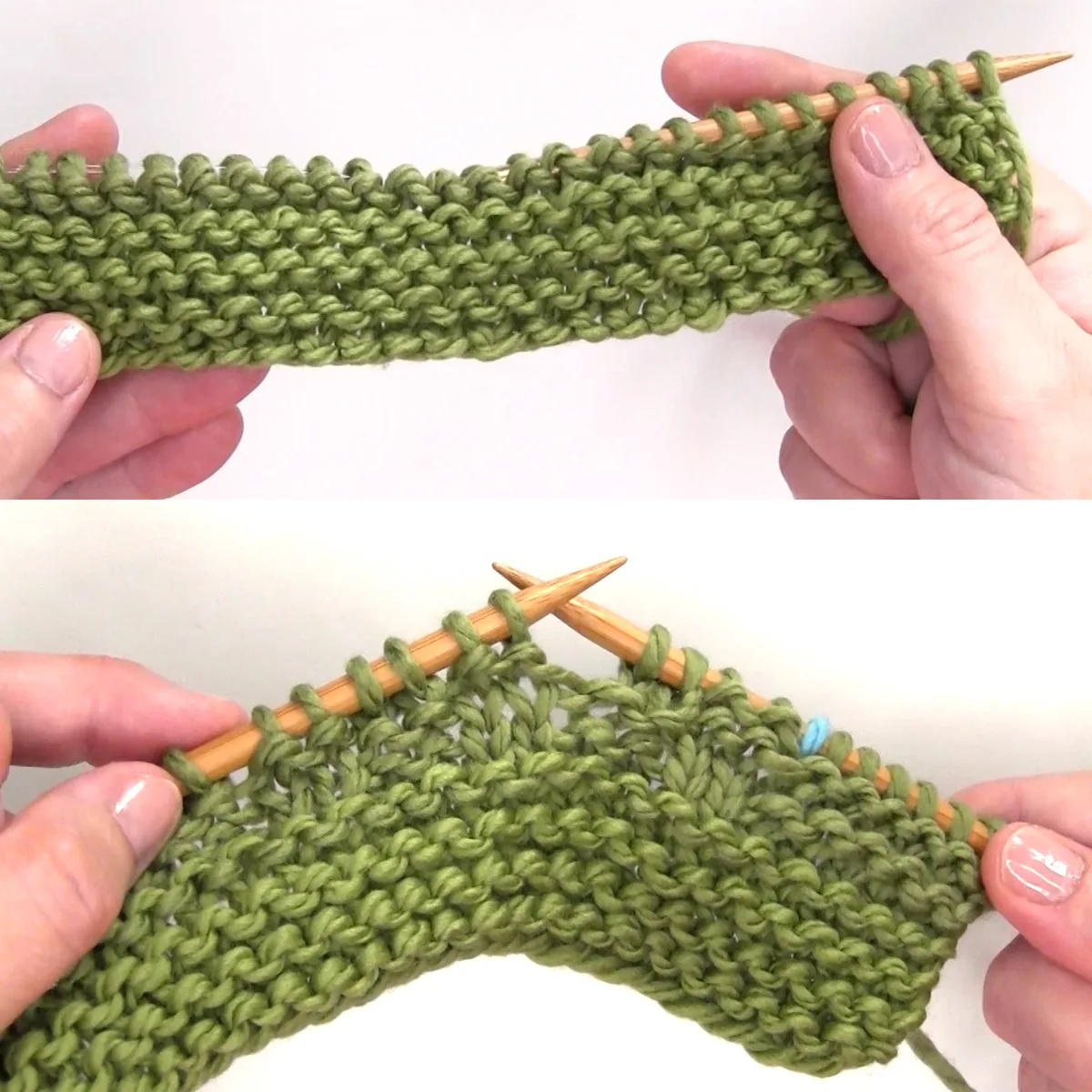 Knitting border of blanket on circular needles in green color yarn.