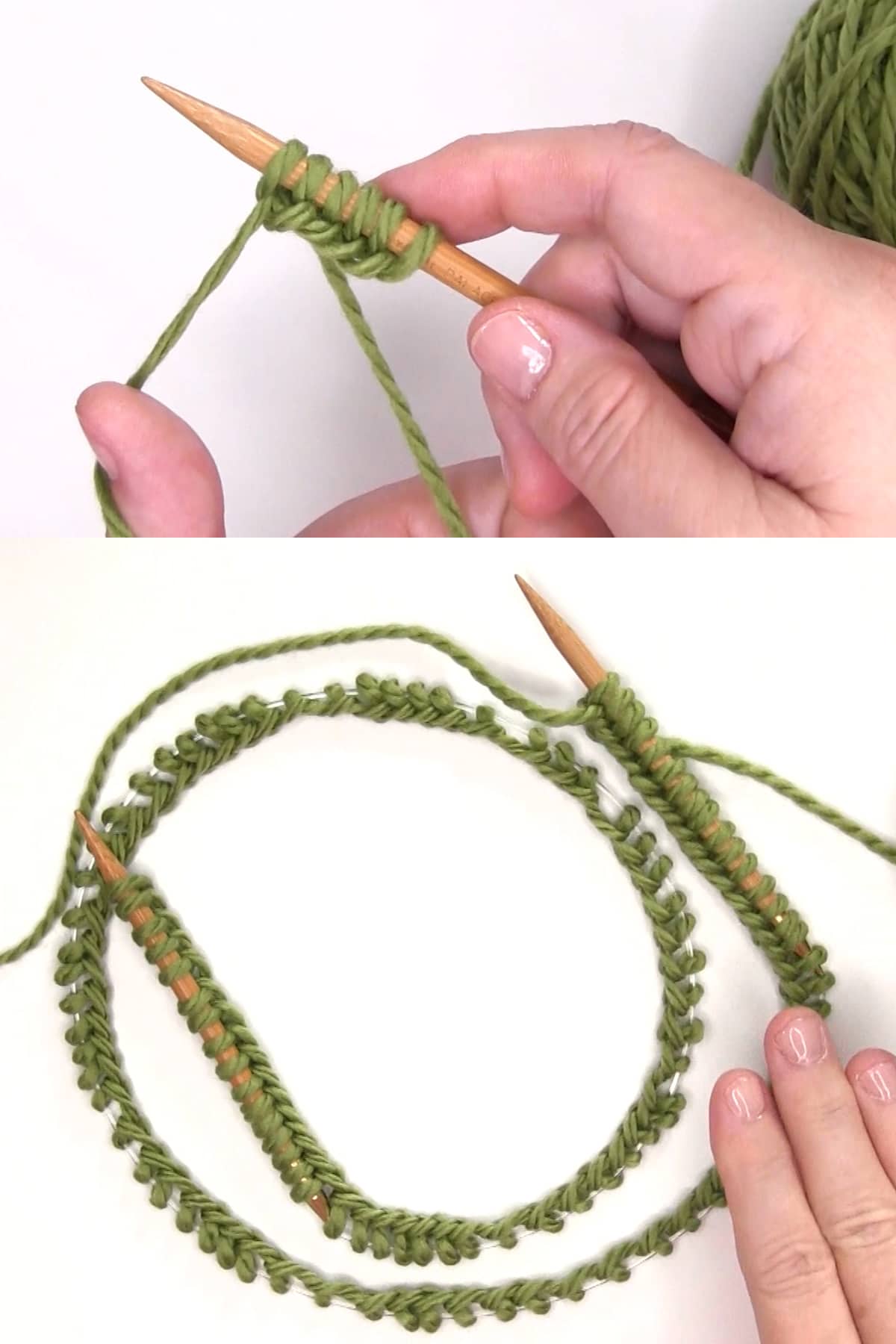 Casting on knitting stitches onto a circular needle with green yarn.