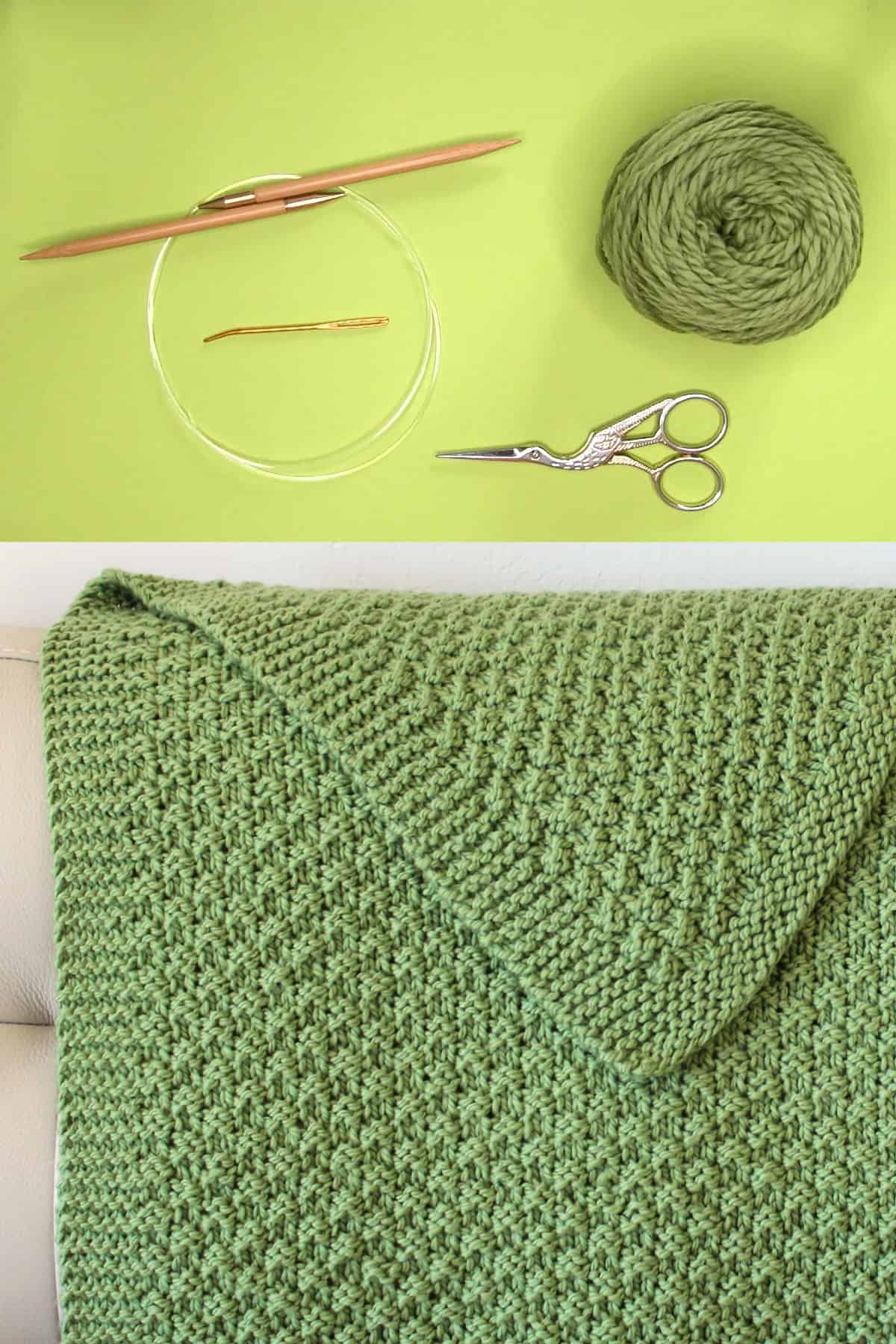 Circular knitting needle, yarn, tapestry needle, scissors, and Moss Landing Blanket.