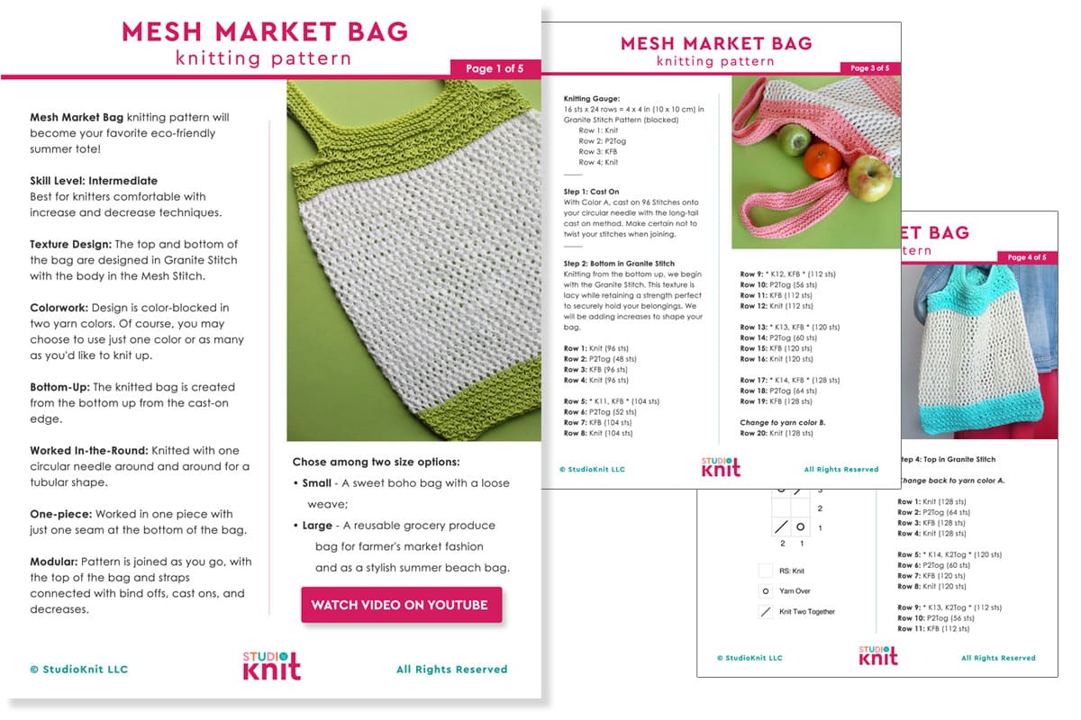 Printed knitting pattern pages of the Mesh Market Bag by Studio Knit.