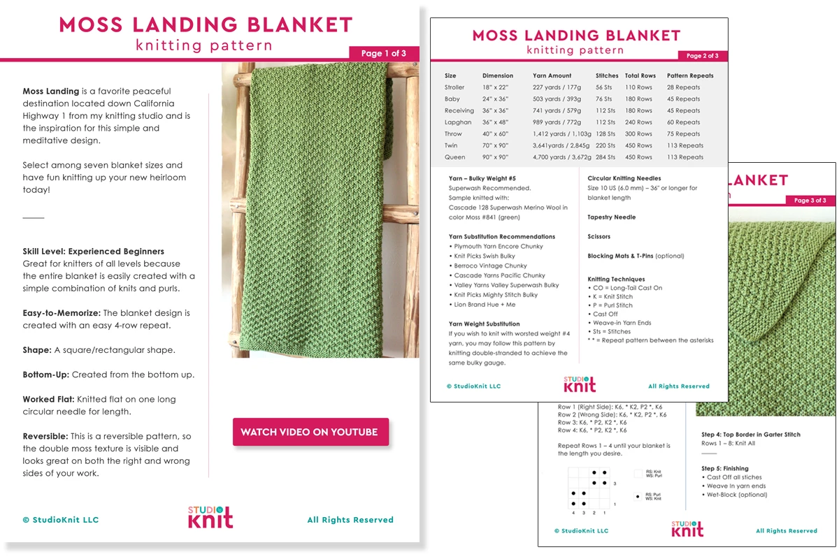 Printable knitting pattern pages of the Moss Landing Blanket by Studio Knit.