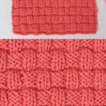Basket Weave stitch pattern on knitting needle in orange color yarn.