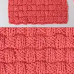 Basket Weave stitch pattern on knitting needle in orange color yarn.