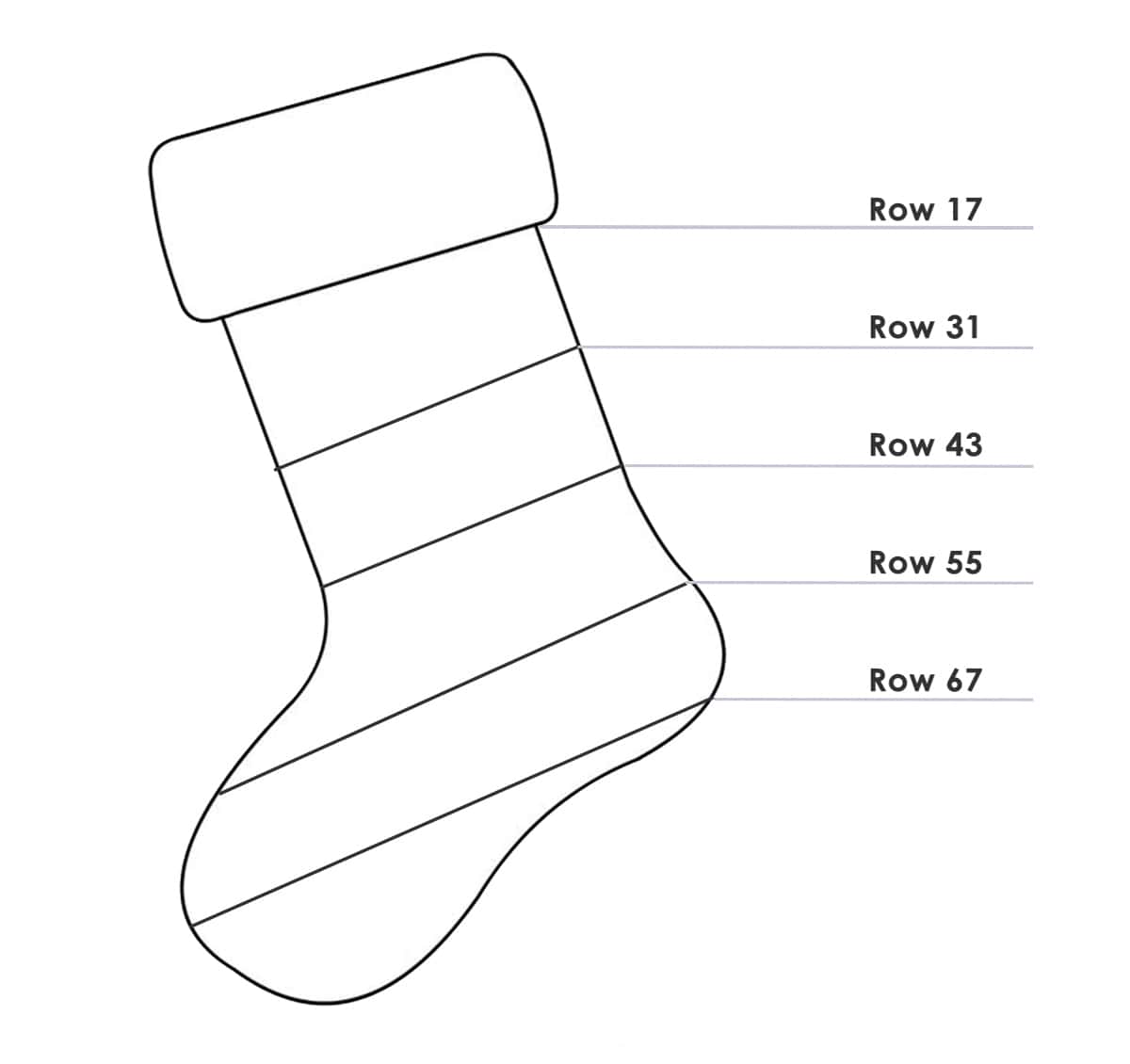 Christmas Stocking outline with color change rows demarked.