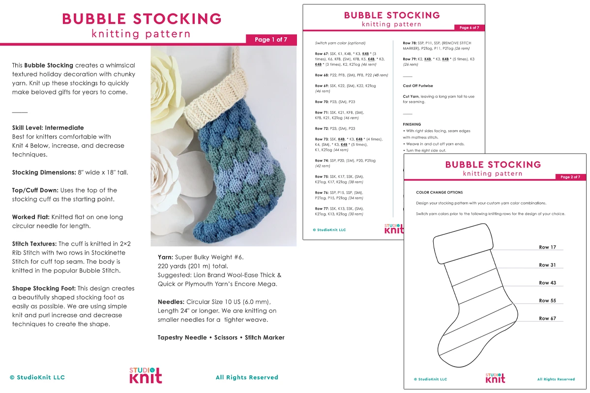 Thumbnails of Bubble Stocking Knitting Pattern by Studio Knit.