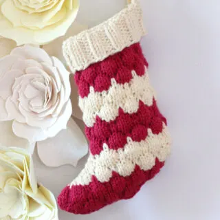 Christmas Stocking in Bubble Stitch with red and white yarn colors.