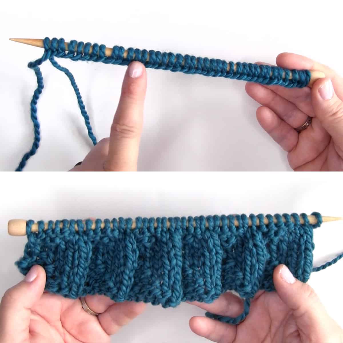 Casting on stitches onto a straight knitting needle with blue yarn to make a scarf.