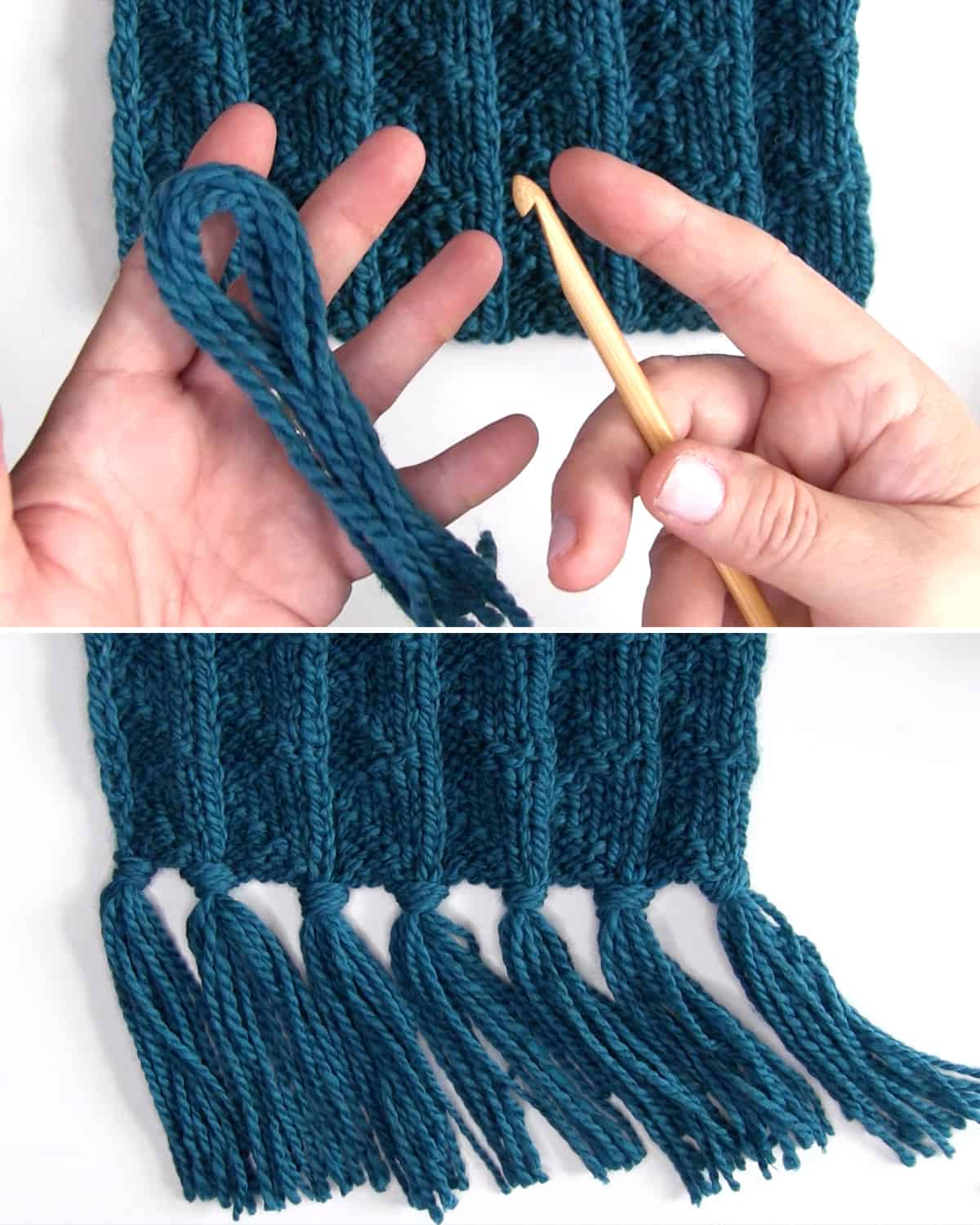 Adding fringe to a knitted scarf with yarn and a crochet hook.