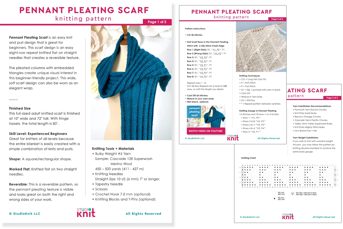 Knitting chart pages for the Pennant Pleating Scarf by Studio Knit.