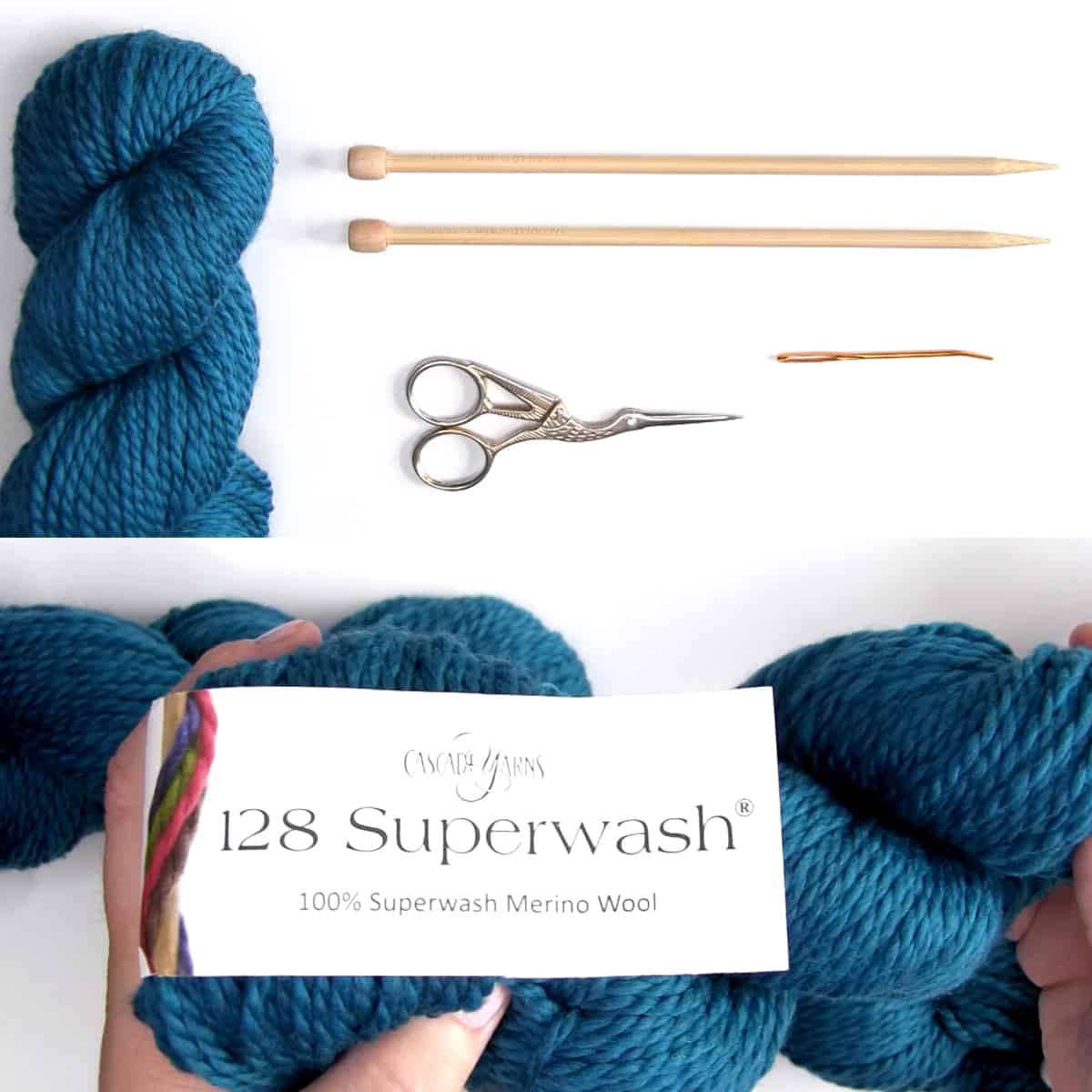 Knitting supplies of straight needles, tapestry needle, scissors, and blue 128 superwash merino wool yarn by Cascade.