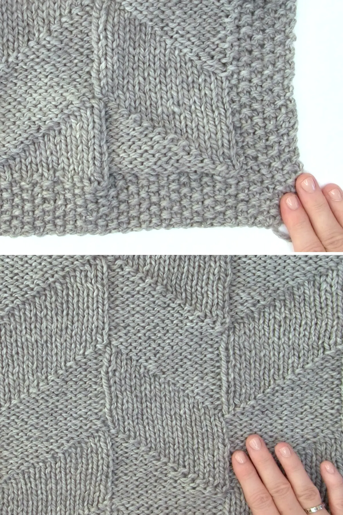 Parallelogram Blanket texture in grey colored yarn with seed stitch border.
