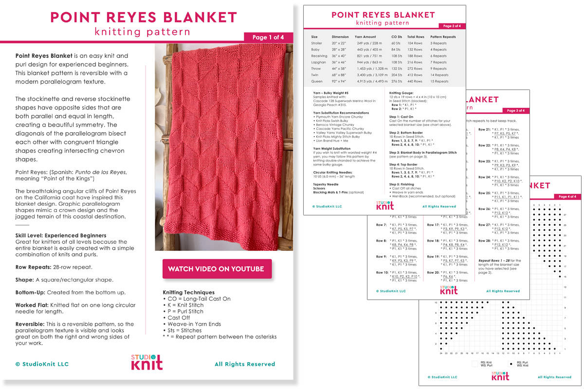 Knitting pattern and chart pages for the Point Reyes Blanket by Studio Knit.