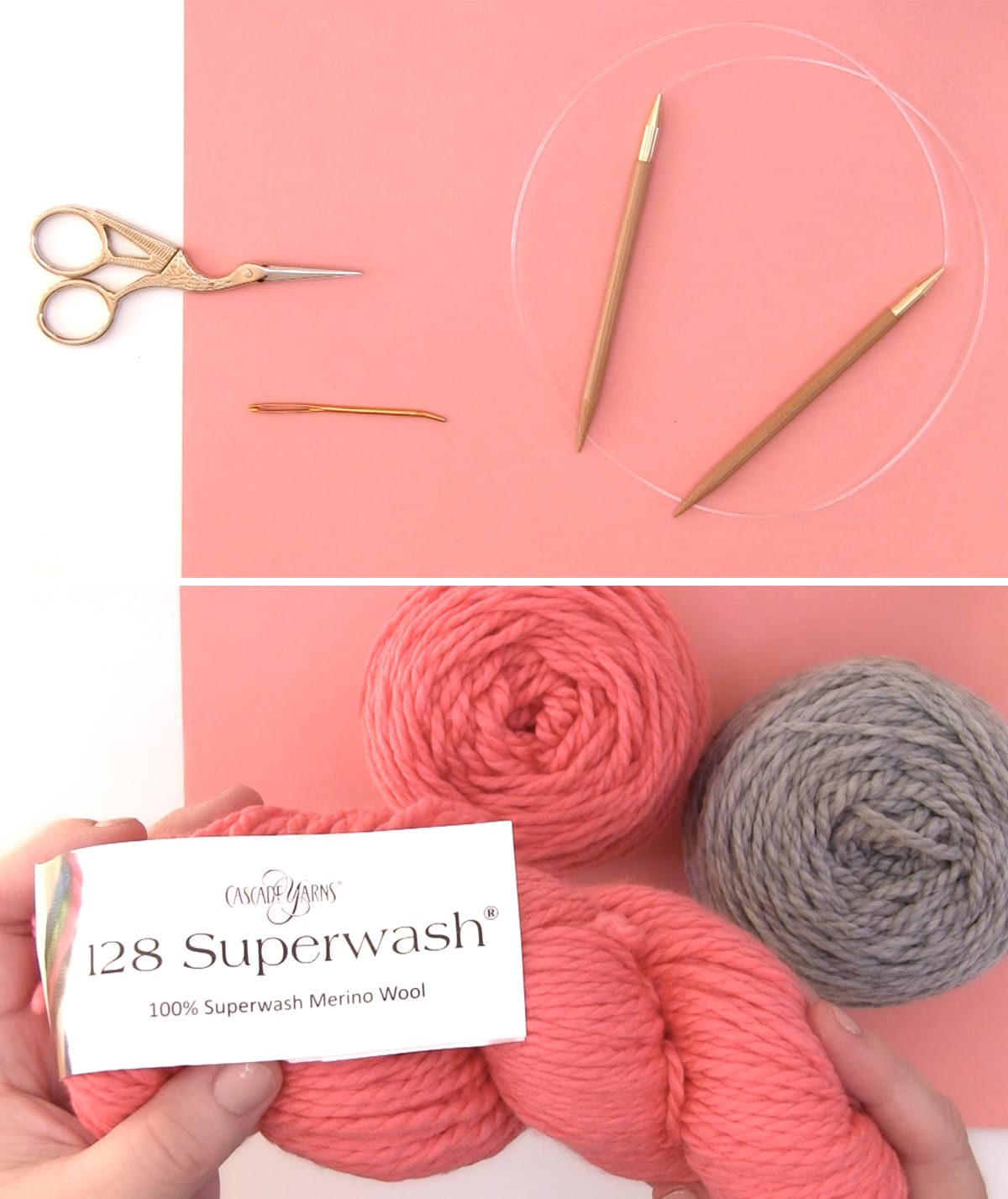 Knitting supplies of circular knitting needles, scissors, a tapestry needle, and Cascade 128 yarn in peach and grey colors.