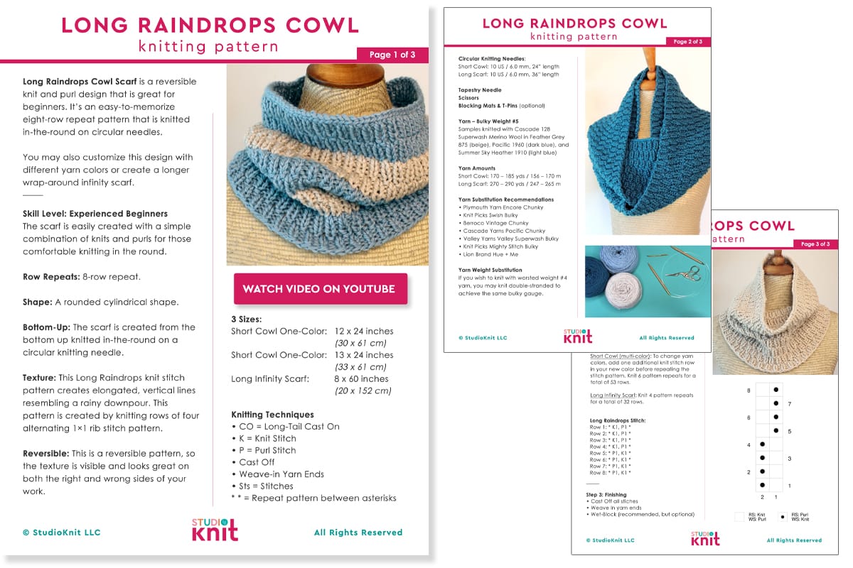Knitting pattern and chart pages for the Long Raindrops Cowl by Studio Knit.