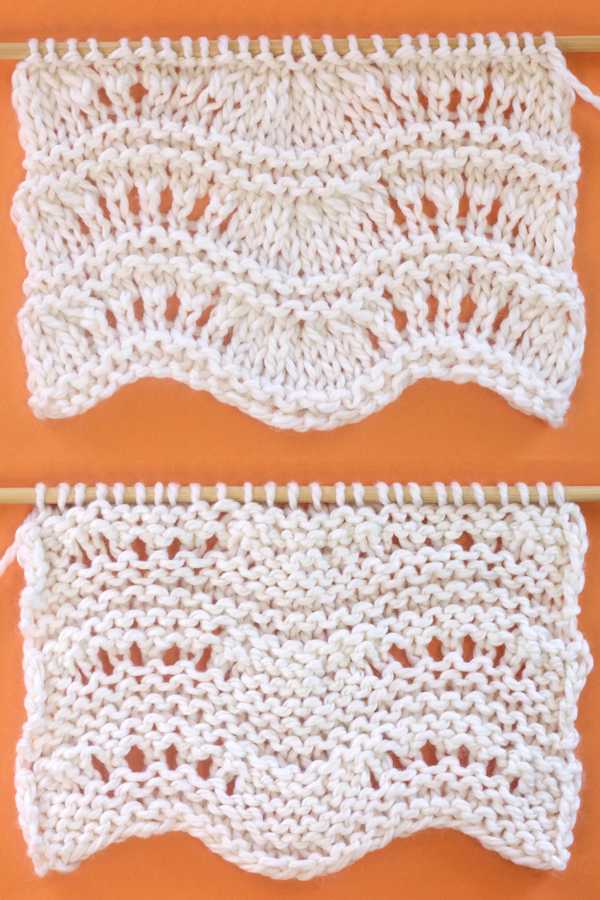 Right and wrong sides of the Ripple Ridge knit stitch texture in white yarn color on wooden bamboo knitting needles.