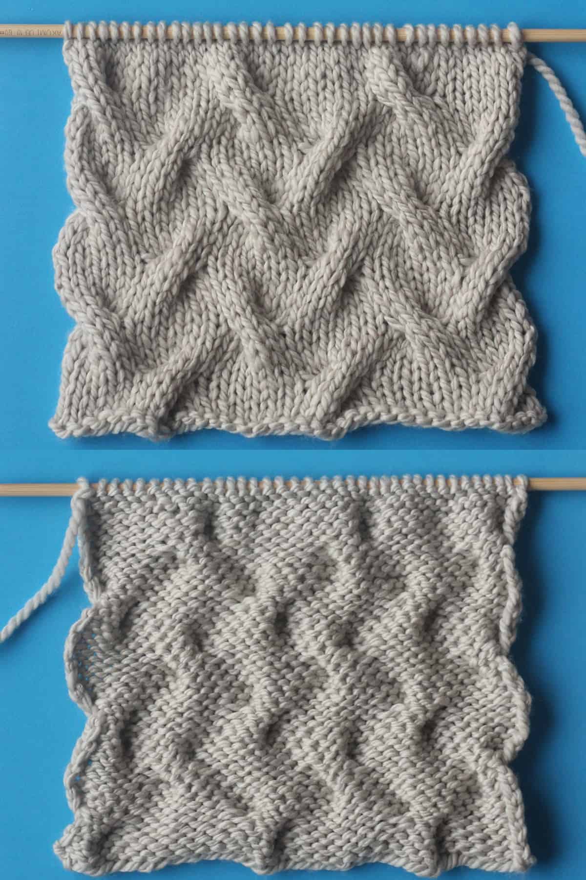 Right and wrong sides of Sand Cable knit stitch pattern knitted flat with a straight knitting needle in beige yarn color.